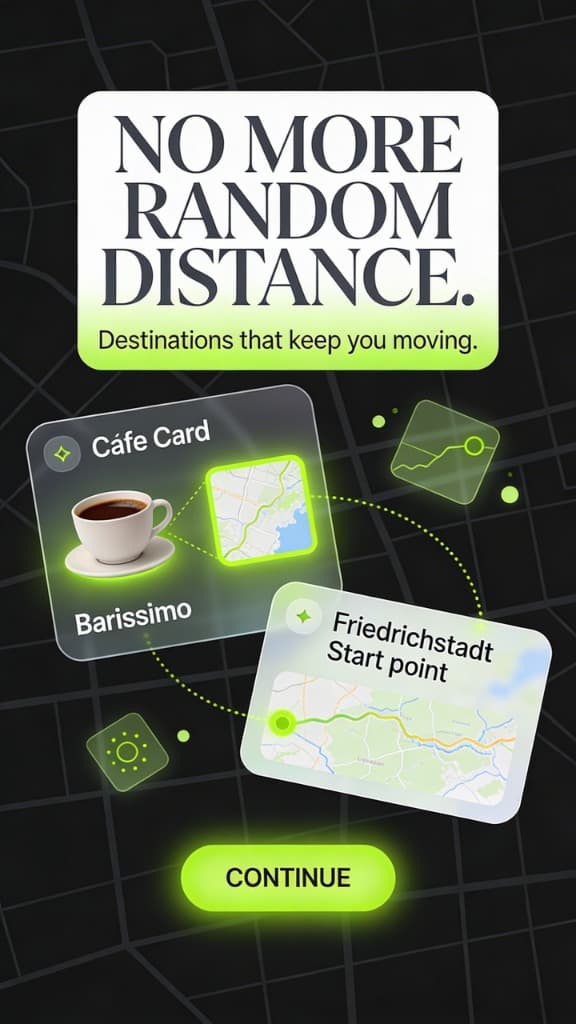 SIPMILE café card showing destination-based running with Barissimo café