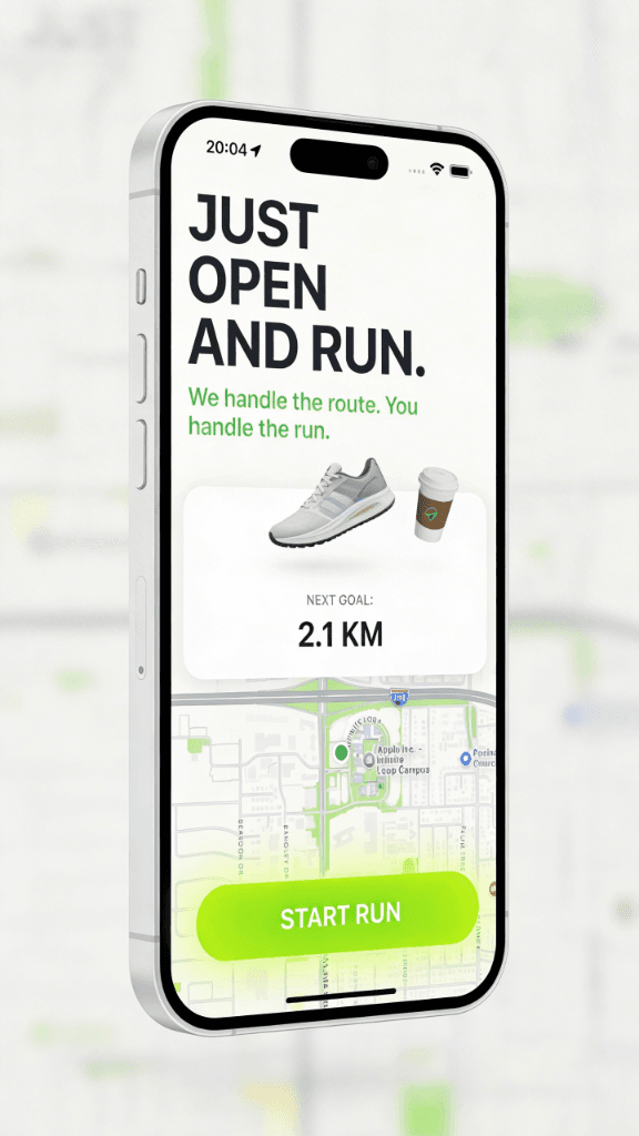 SIPMILE app showing a coffee run with a 2.1km goal and route map