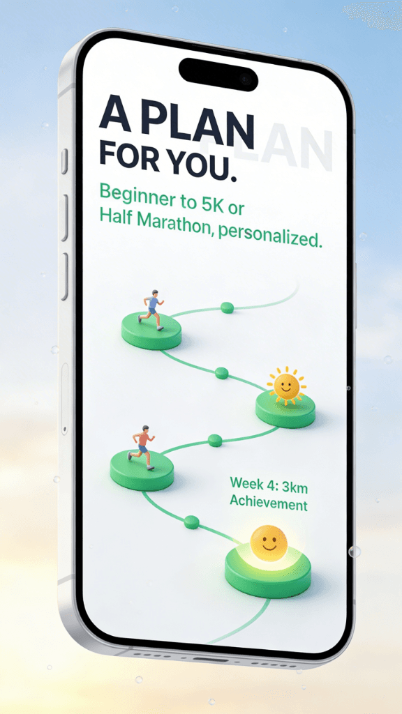 SIPMILE personalized running plan showing a journey from beginner to 5K with achievements